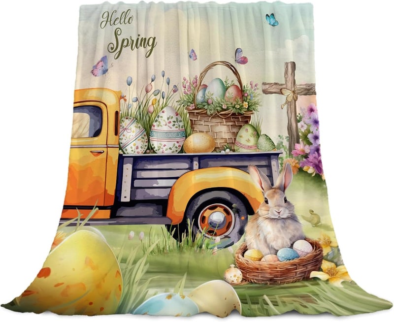 YeeJu Easter Throw Blanket King Size 90x108 Farmhouse Truck Bunny Blanket for Bed Couch Soft Cozy Fuzzy Plush Fleece Blanket and Throws Large Oversized Decorative Spring Holiday Blanket 90x108 - Image 1